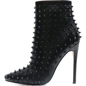 Women's Black Rhinestone Ankle Boots with Rivets Pointed Toe Stilettos Heel